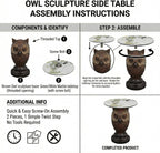 Owl Side Table, Round End Table with Faux Marble Top, Resin Owl Statue Base, Unique Animal Accent Table for Living Room, Bedroom, Nursery, Rustic Brown 22.83“ Tall 17.17" Height