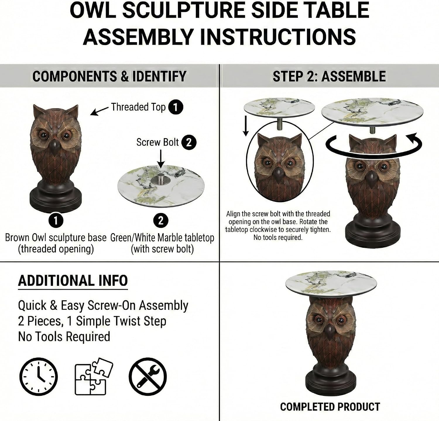 Owl Side Table, Round End Table with Faux Marble Top, Resin Owl Statue Base, Unique Animal Accent Table for Living Room, Bedroom, Nursery, Rustic Brown 22.83“ Tall 17.17" Height