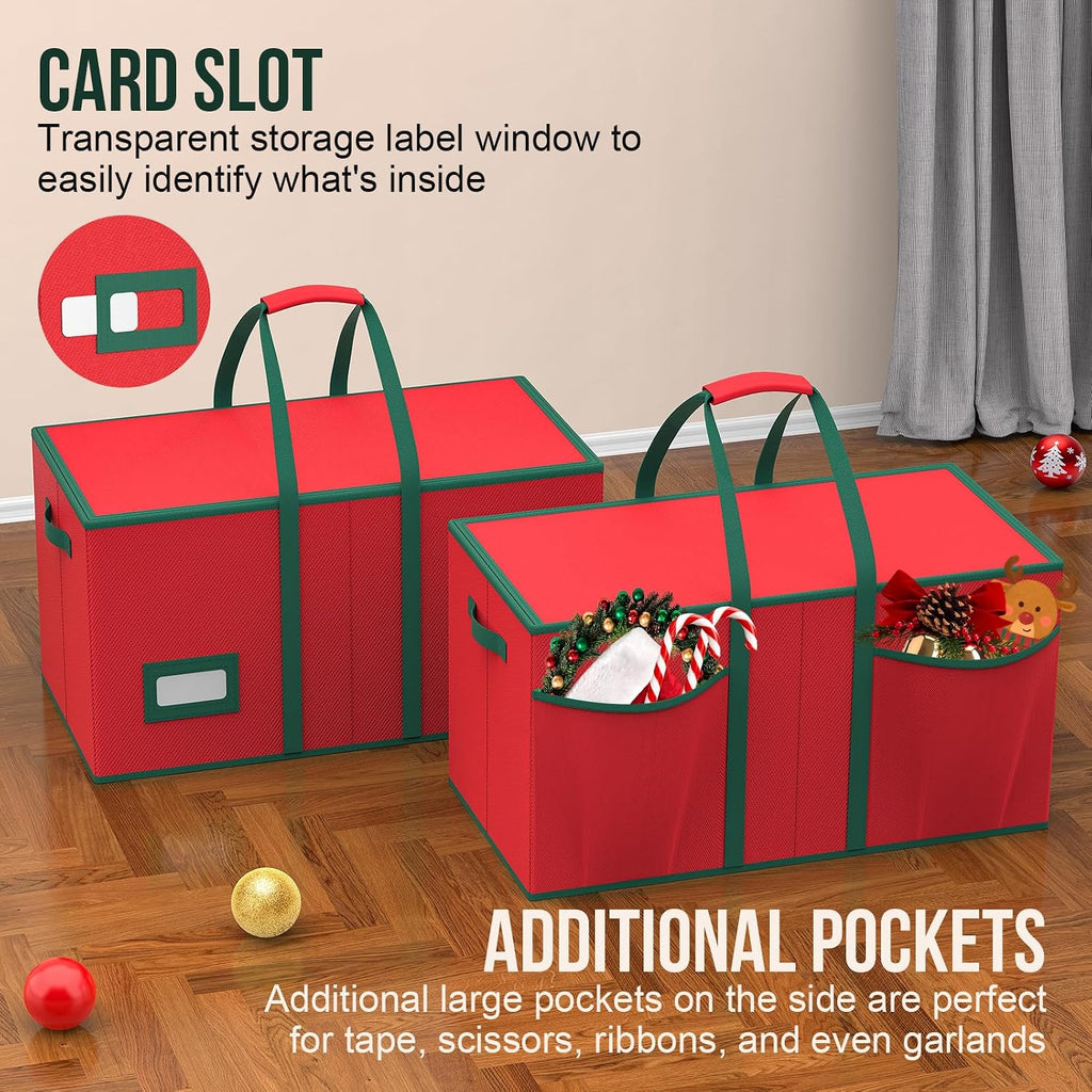 Christmas Ornament Storage Box-Store 128/3" Ornaments, Ornament Organizer Storage box with Dual Zipper Closure Lid & Adjustable Dividers, Large Xmas Decoration Storage Containers, 600D Tear-Proof/Red