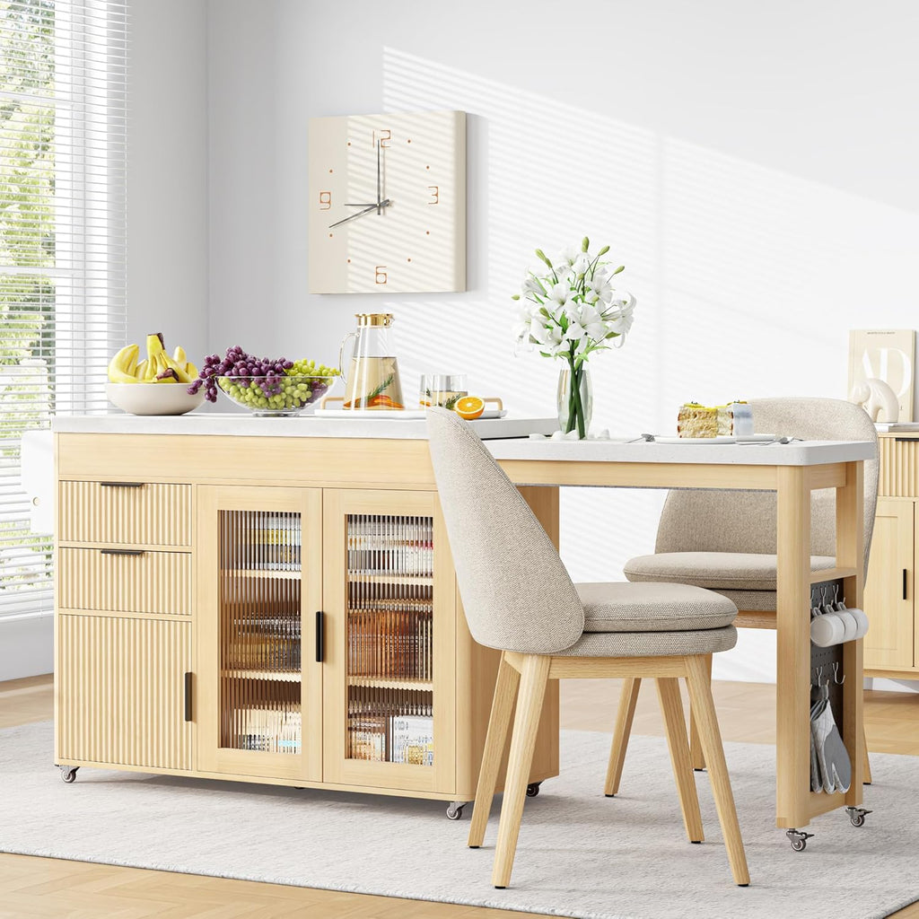 IRONCK 78.7" Kitchen Island with Extendable Dining Table, Rolling Kitchen Cart on Wheels with Quartz Laminate Top, Storage Cabinet, Spice Rack, Shelf & Drawer for Dining Room (Oak)