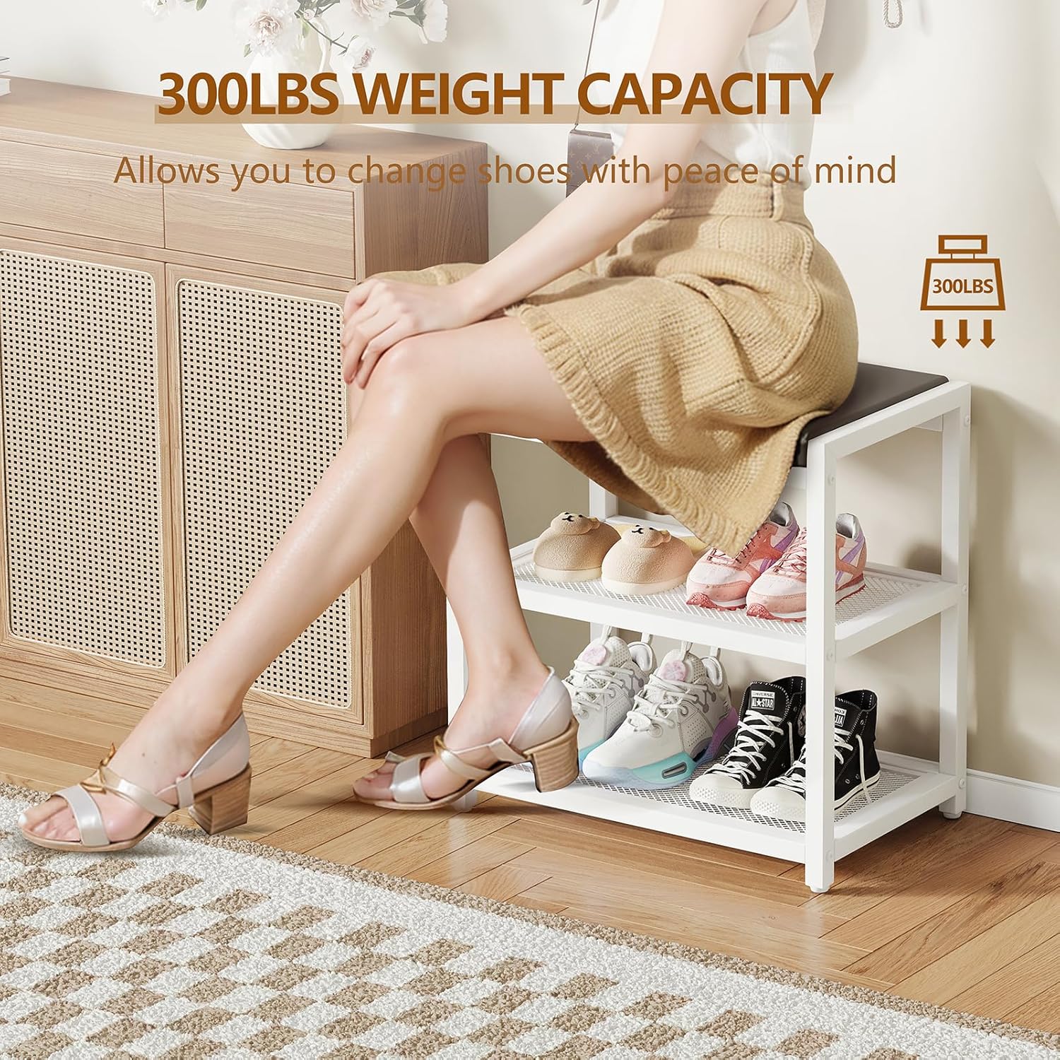Small Shoe Bench Shoe Rack Storage Bench Entryway Bench Shoe Shelf with Seat Cushion, Stable Shoe Organizer for Entryway, Living Room, Bench Seat Holds Up to 300 lb, (18"L x 12"W x 17"H, White)