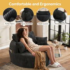 55" Oversized Round Chaise Lounge Chair Indoor, Upholstered Plush Deep Seat Circle Single Cloud Lounge Floor Sofa Chair with 4 Pillows with Side Pocket, Living Room, Bedroom Apartment, Dark Gray