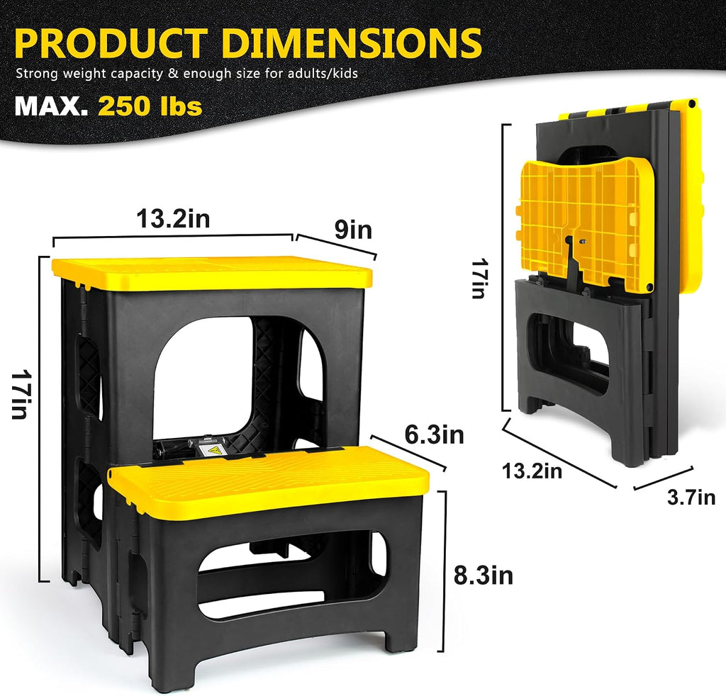 2 Step Folding Stool 250 lb Capacity Non Slip Foldable Step Stool 8 and 17 Inch Heavy Duty Portable Foot Stool for Kitchen Bathroom RV Yellow