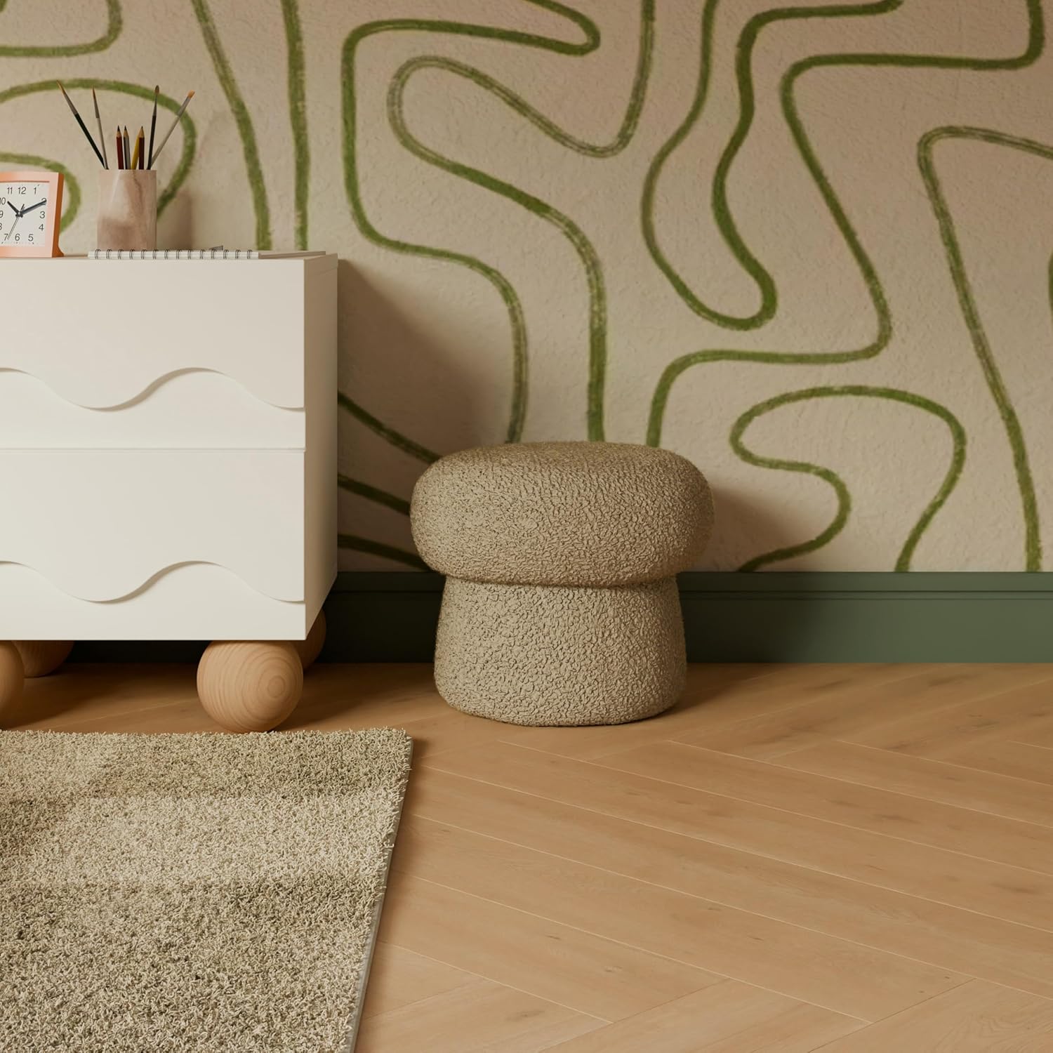 Babyletto Kids Mini Mushroom Pouf - Ottoman Foot Rest - Poofy Plush, Round Footrest Stool for Couch - GREENGUARD Certified Soft & Stuffed, Comfy Small Pouf Ottoman for Living Room/Nursery Floor, Latte