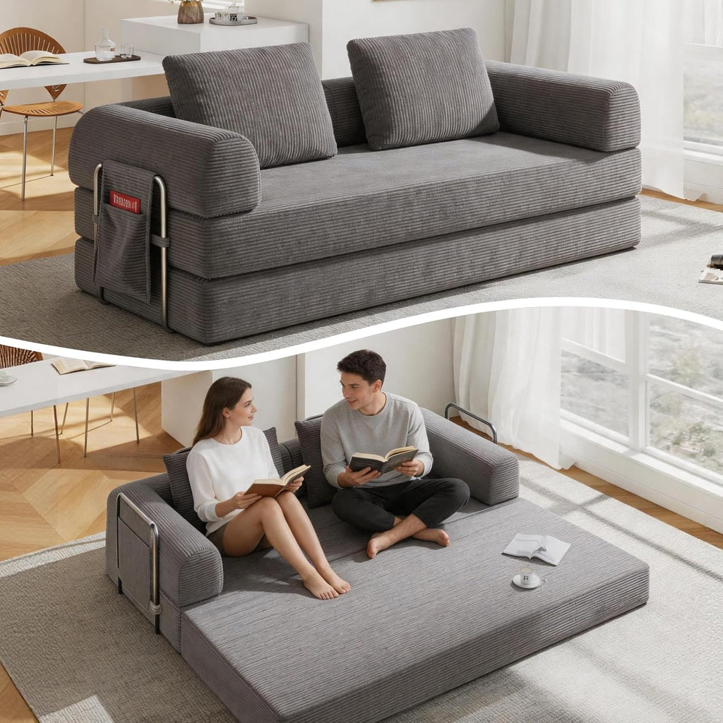 78" Convertible Sofa Bed, Corduroy Futon Couch with Storage Pocket, Boneless Pull Out Sleeper Sofa, Foldable Couch for Living Room Bedroom, No Assembly Space Saver, Gray