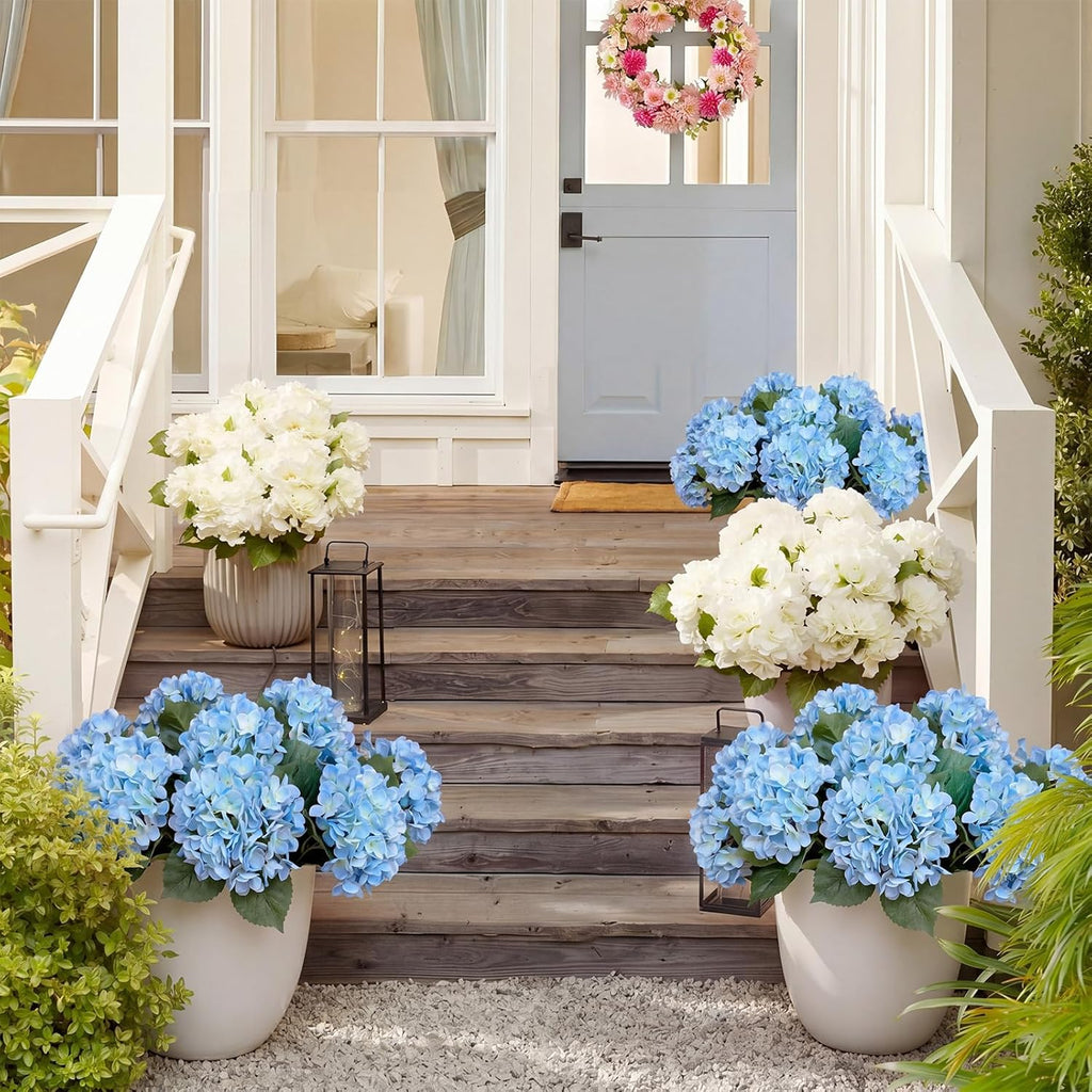 Janinka 3 Pcs Blue Artificial Hydrangea Outdoor Flowers Large Faux Hydrangea Bouquet with 3 Heads Uv-Resistant Waterproof Fake Floral for Table Centerpieces Wedding Yard Garden Decoration