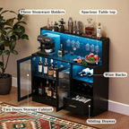 Wine Bar Cabinet with LED Lights Power Outlet Liquor for Home Black | Storage drawer, glass holders, wine racks, adjustable shelves, acrylic door, P2 MDF, for living room kitchen, modern design