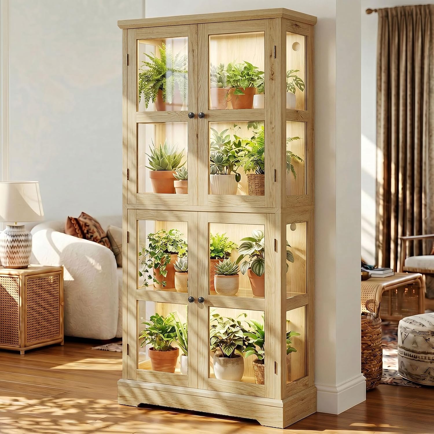 68" Tall Glass Display Cabinet with RGB LED Lights, Yellow Oak | 4-Tier Curio Cabinet with Glass Doors, Adjustable Glass Shelves, Display Case Bookcase for Collectibles and Figures