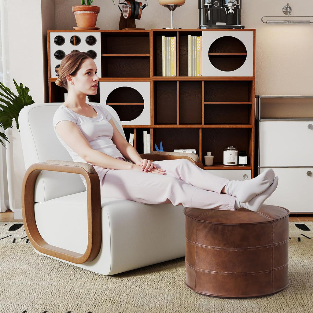 Genuine Leather Round Pouf Ottoman Footstool for Living Room, Bedroom, Indoor (Brown)