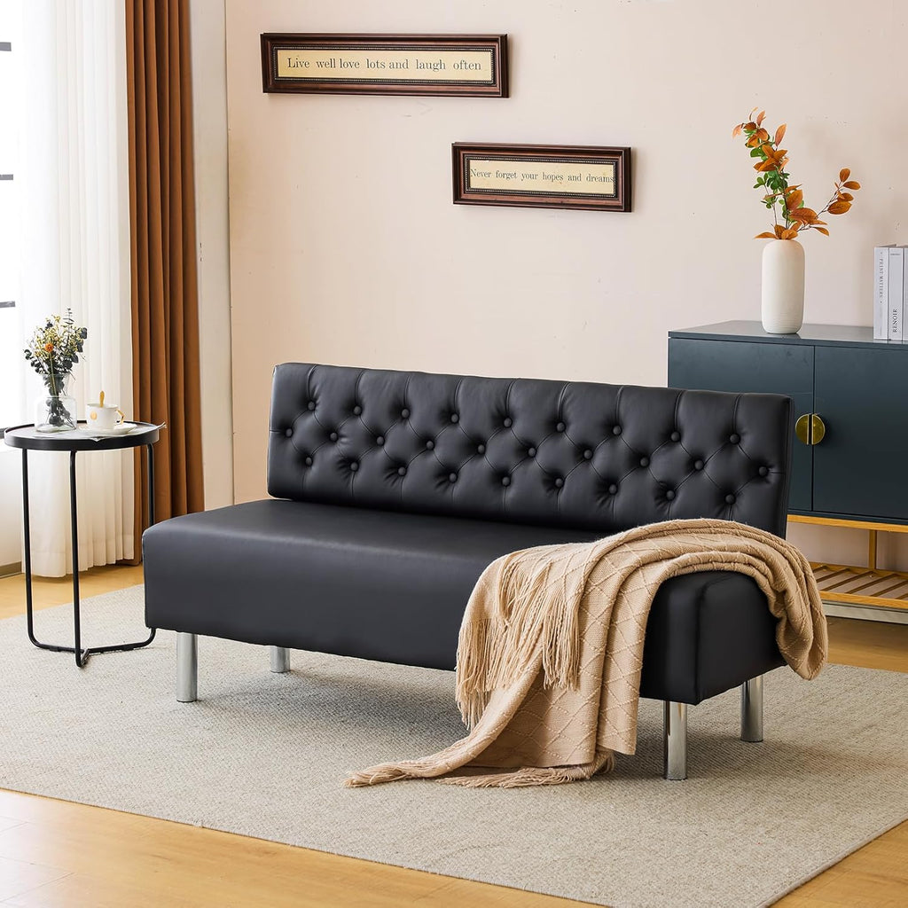 OmySalon Waiting Room Bench with Back, 58.6’’ Office Guest Chair Upholstered Reception Seating, Lobby Furniture for Beauty Salon Barbershop Airport Bank Hall Room Conference, Button Tufted, Black