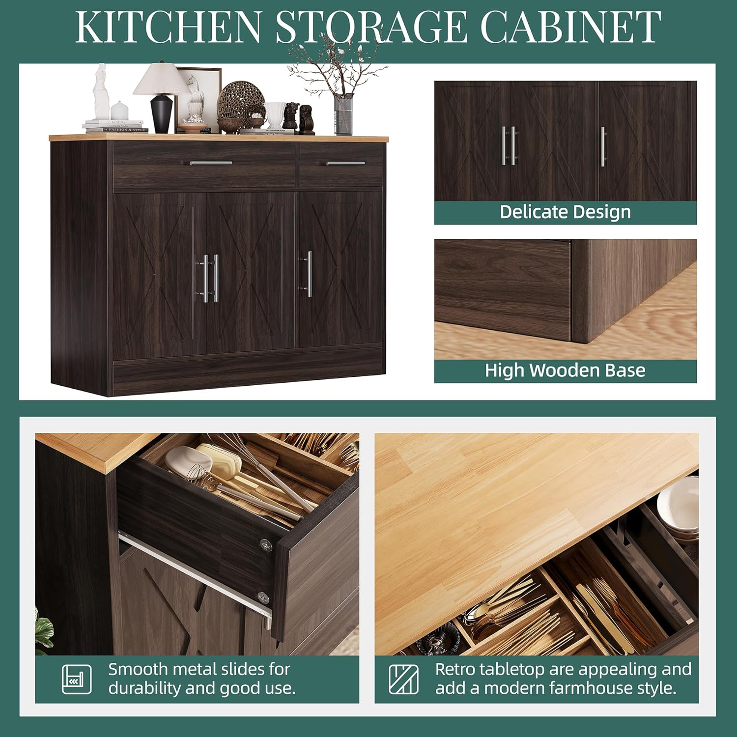 Shintenchi Modern Farmhouse Sideboard Buffet Cabinet,Barn Doors Buffet Cabinet with 2 Drawers & 3 Doors,Wood Coffee Bar Cabinet with Adjustable Shelf for Kitchen Living Room,Brown