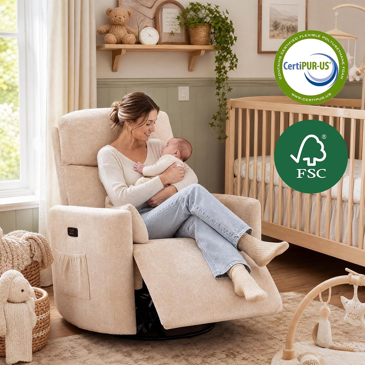 Oversized Power Recliner with Massage and Heat, Swivel Rocker Recliner with Adjustable Headrest, Glider Recliner Nursery Chair with 2 Pillows, rocking nursery recliner for Living Room,Chenille Beige