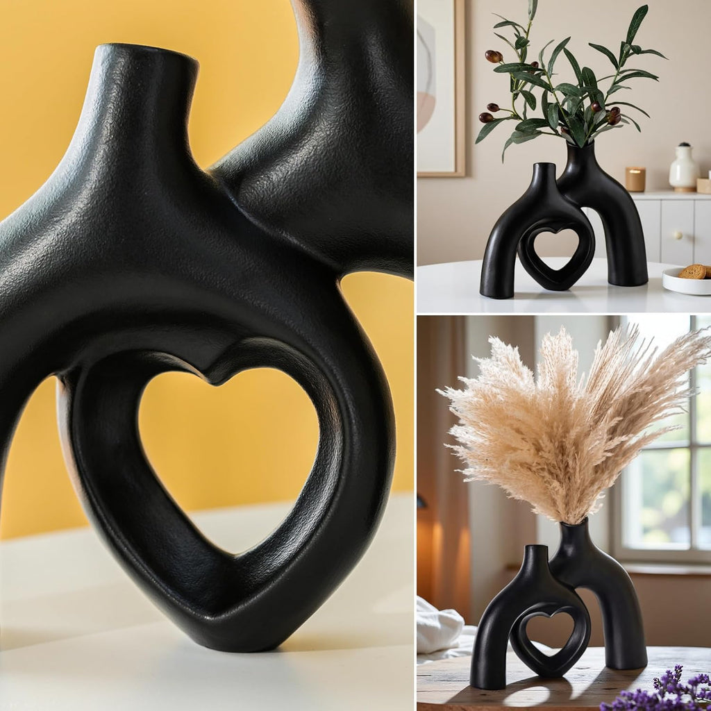 Liotww Hug Donut Ceramic Decorative Vase Set, Snuggle Hollow Modern Nordic Boho Style Vases for Home Decor Living Room Shelf Bookshelf Mantle Entryway Table Console Décor (Matte Black)
