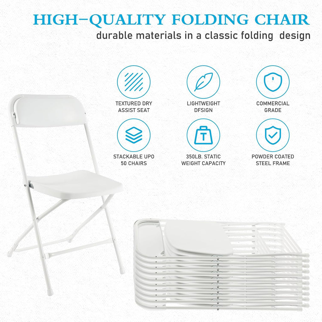 10 Pack White Plastic Folding Chairs Indoor Outdoor Portable Stackable Commercial Seat with Steel Frame Heavy Duty Foldable Chair for Events Office Wedding Party Dining 350lbs Capacity