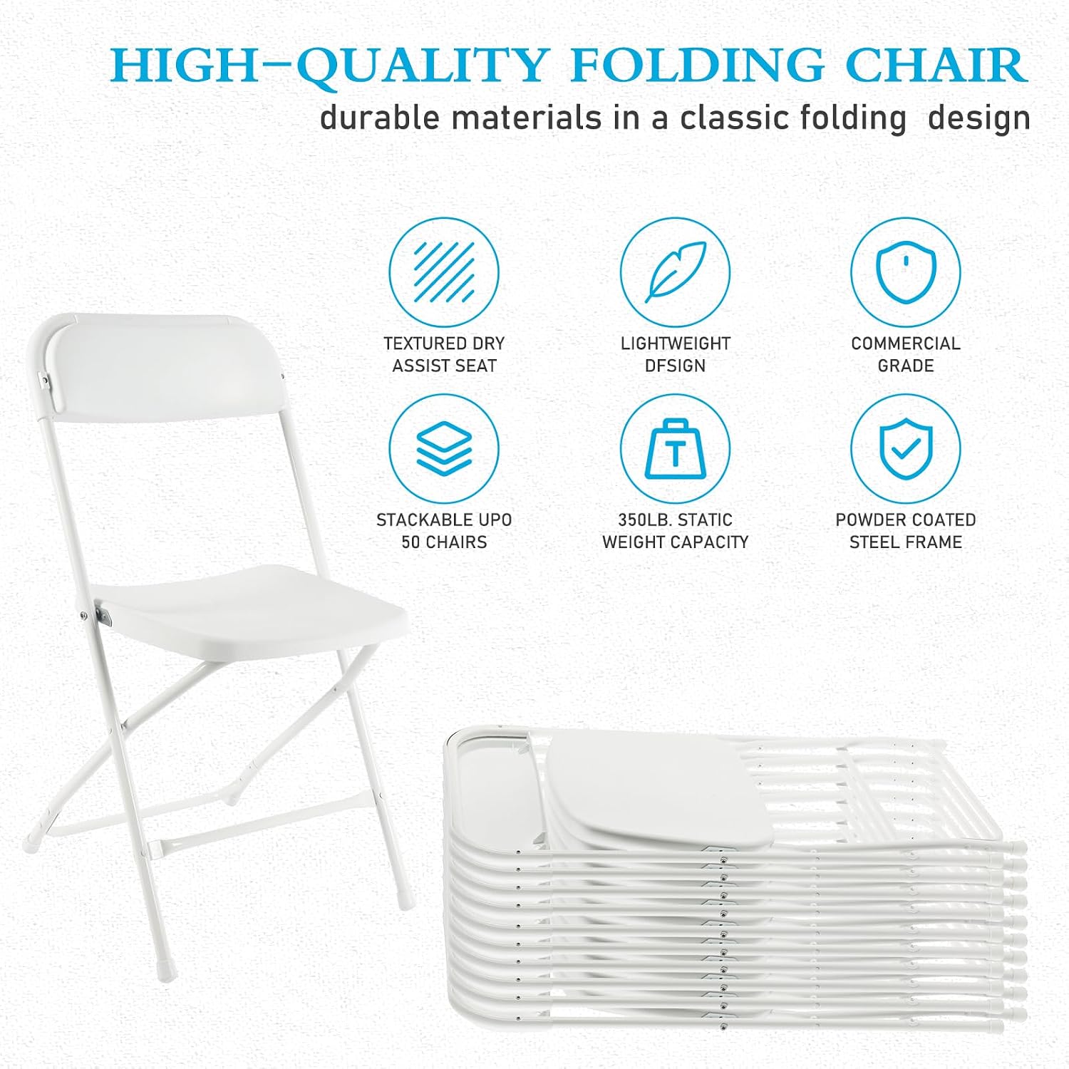 10 Pack White Plastic Folding Chairs Indoor Outdoor Portable Stackable Commercial Seat with Steel Frame Heavy Duty Foldable Chair for Events Office Wedding Party Dining 350lbs Capacity