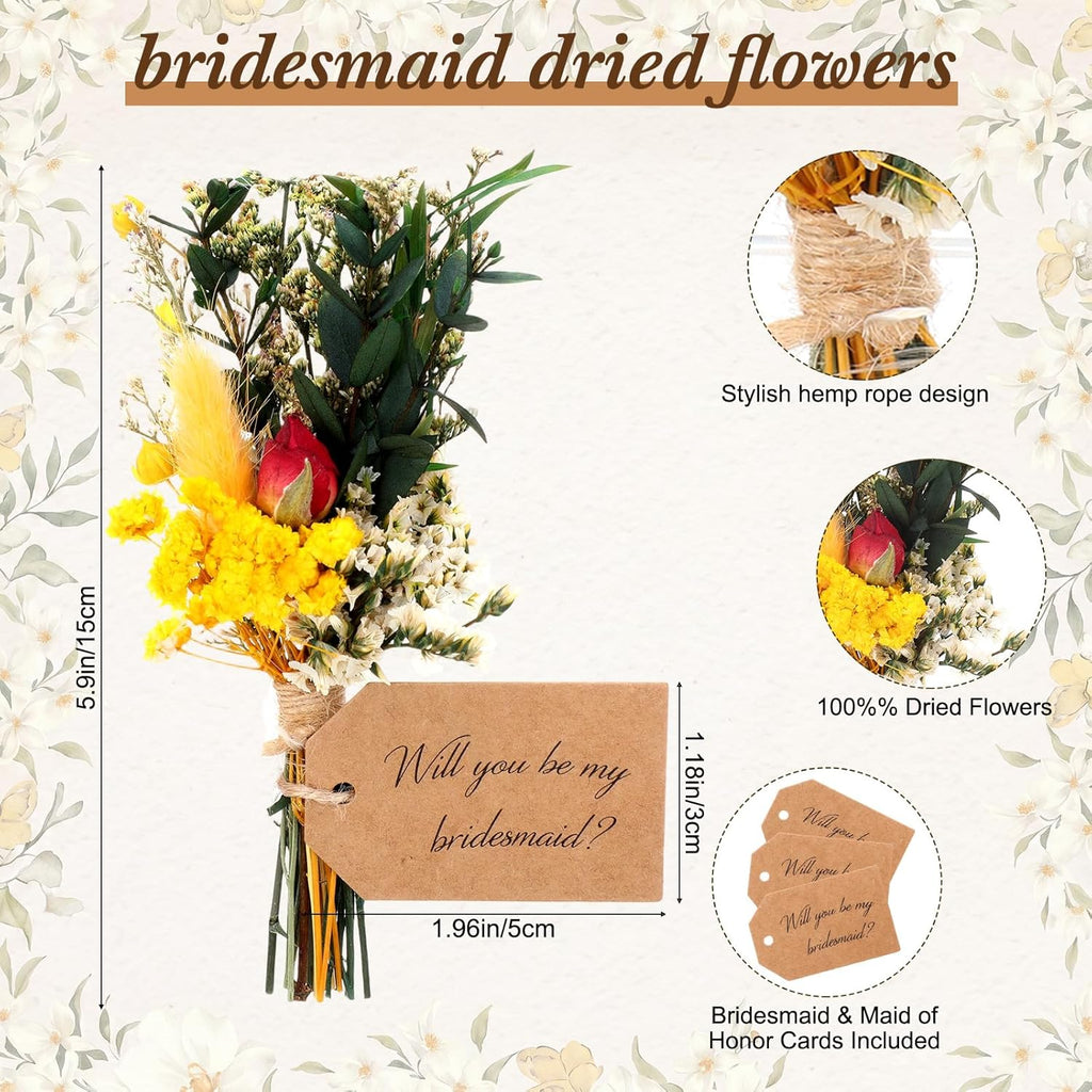 8 Pack Dried Flower Mini Bouquets Arrangement Bridesmaid Gift Natural Flower with Tags for DIY, Wedding, Birthday Decor Party Favors