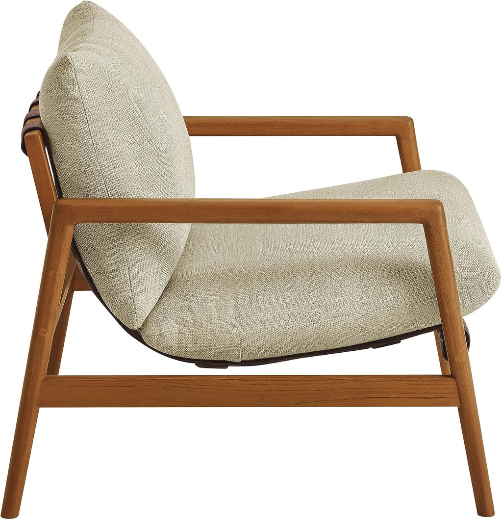Modway Nomi Teak Wood Outdoor Sling Accent Chair in Sand - Faux Leather Vegan Patio Armchair with Removable Cushioned Upholstery