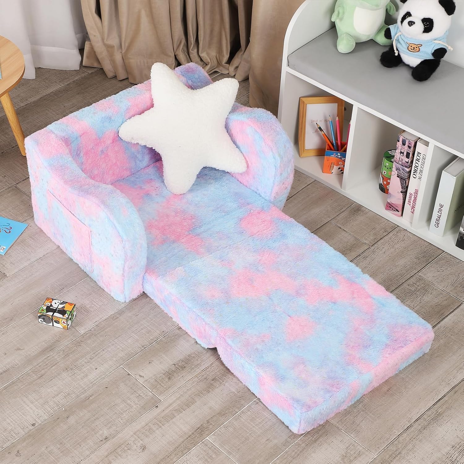 MOMCAYWEX Toddler Couch, 2-in-1 Kids Soft Couch Fold Out with Star Pillow, Foldable Sofa to Lounger, 1-Seat, Pink Tie Dye