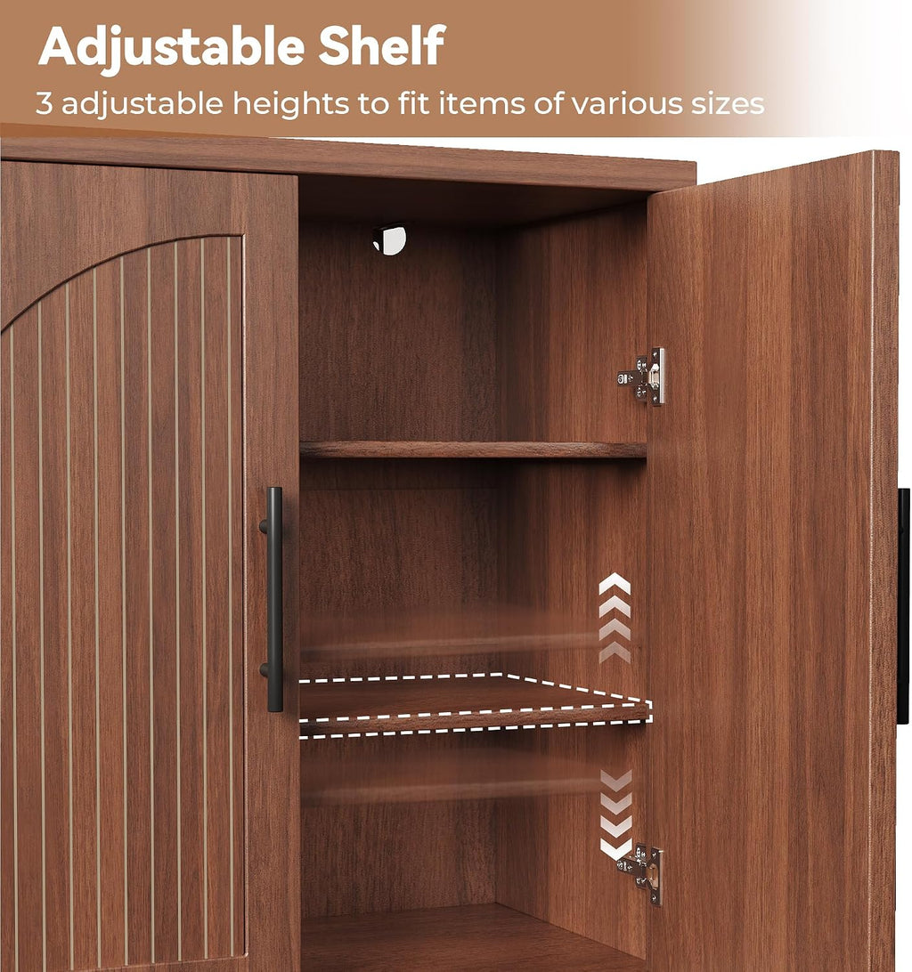 MapleGrace 31.5" Fluted Buffet Cabinet with Storage, Mid-Century Symmetrical Arched Sideboard Credenza with Adjustable Shelf, Large Wood Console Table for Dining Room, Kitchen, and Living Room(Walnut)
