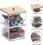 BTSKY Clear Stackable Paper Clip Holder with Bamboo Lid 2-Layer Paperclip Box Thick Acrylic Office Supply Accessory Organizer Square Small Storage Holder Cute Qtip Holder for Office Bathroom Vanity