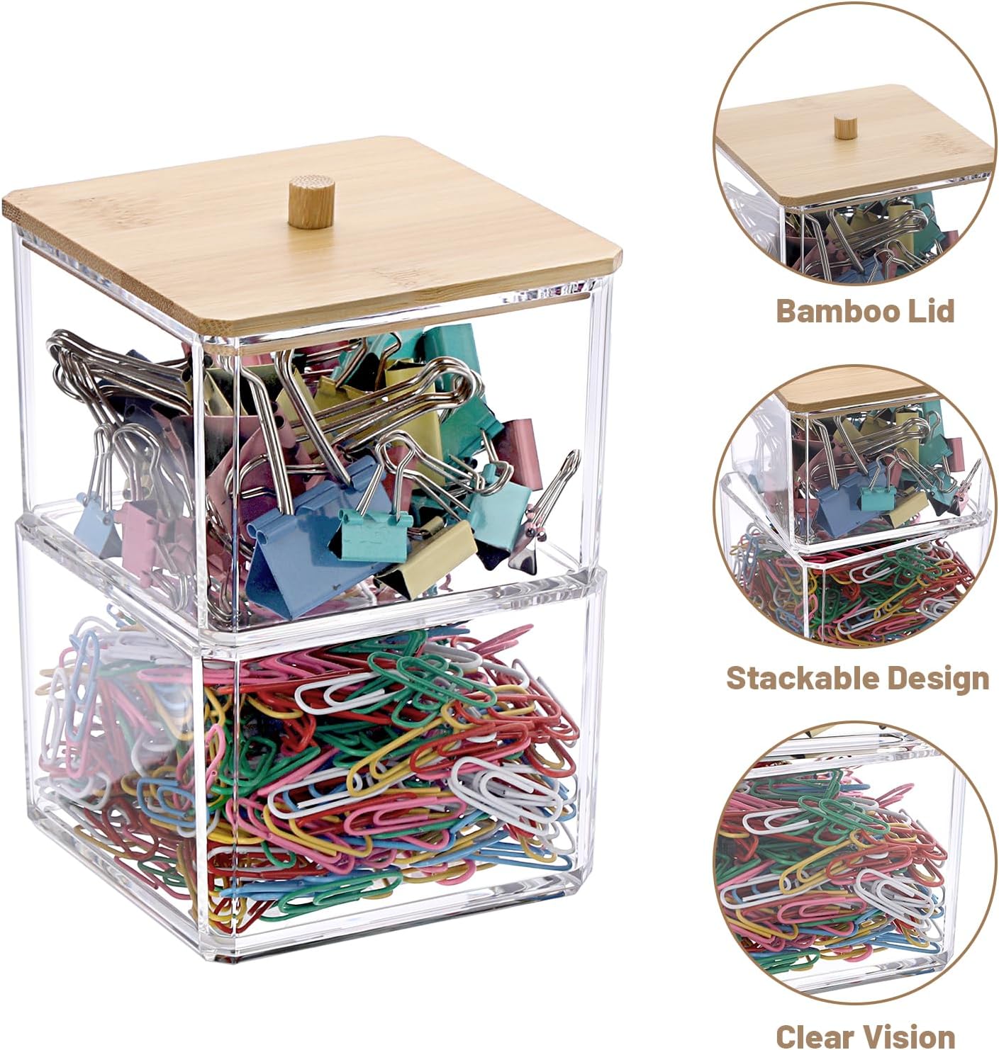 BTSKY Clear Stackable Paper Clip Holder with Bamboo Lid 2-Layer Paperclip Box Thick Acrylic Office Supply Accessory Organizer Square Small Storage Holder Cute Qtip Holder for Office Bathroom Vanity