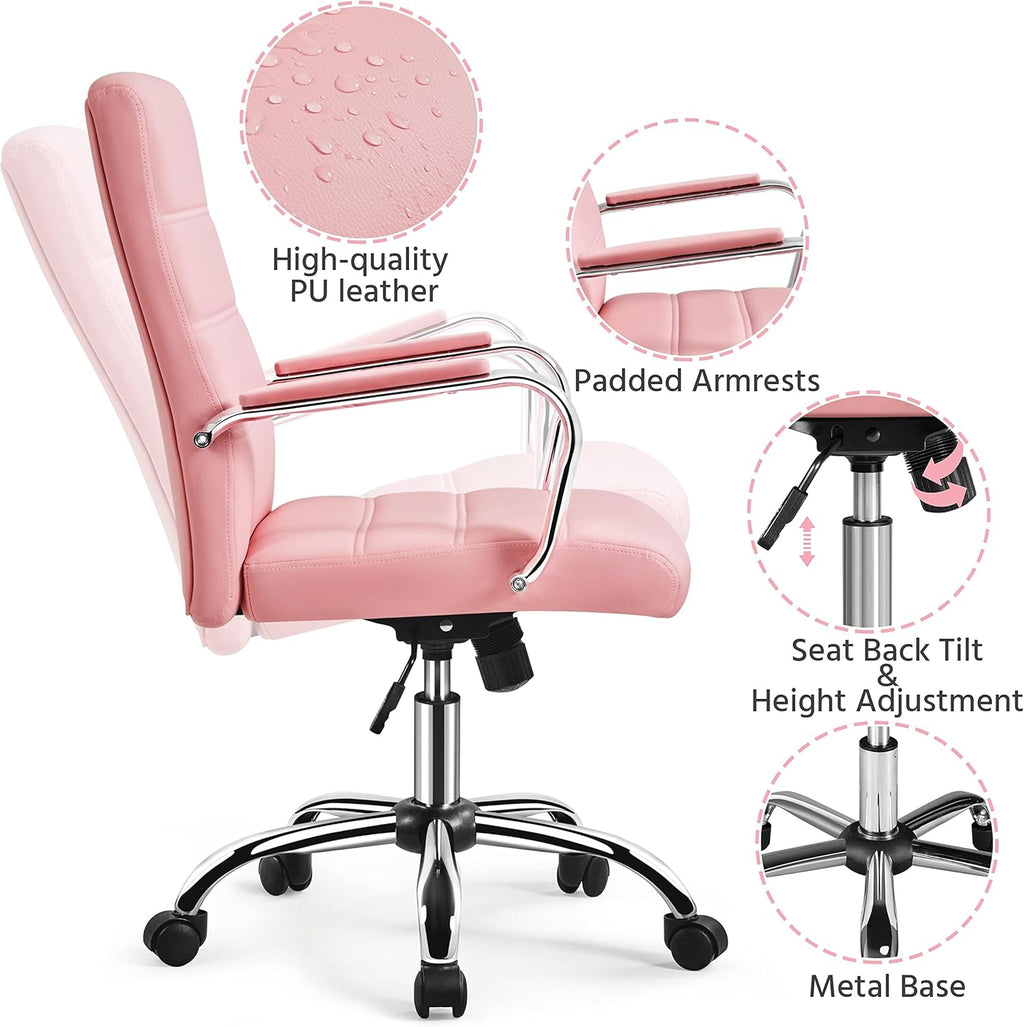 costoffs Mid Back Office Desk Chairs PU Leather Executive Task Chairs Height Adjustable Swivel Chair with Lumbar Support, Pink