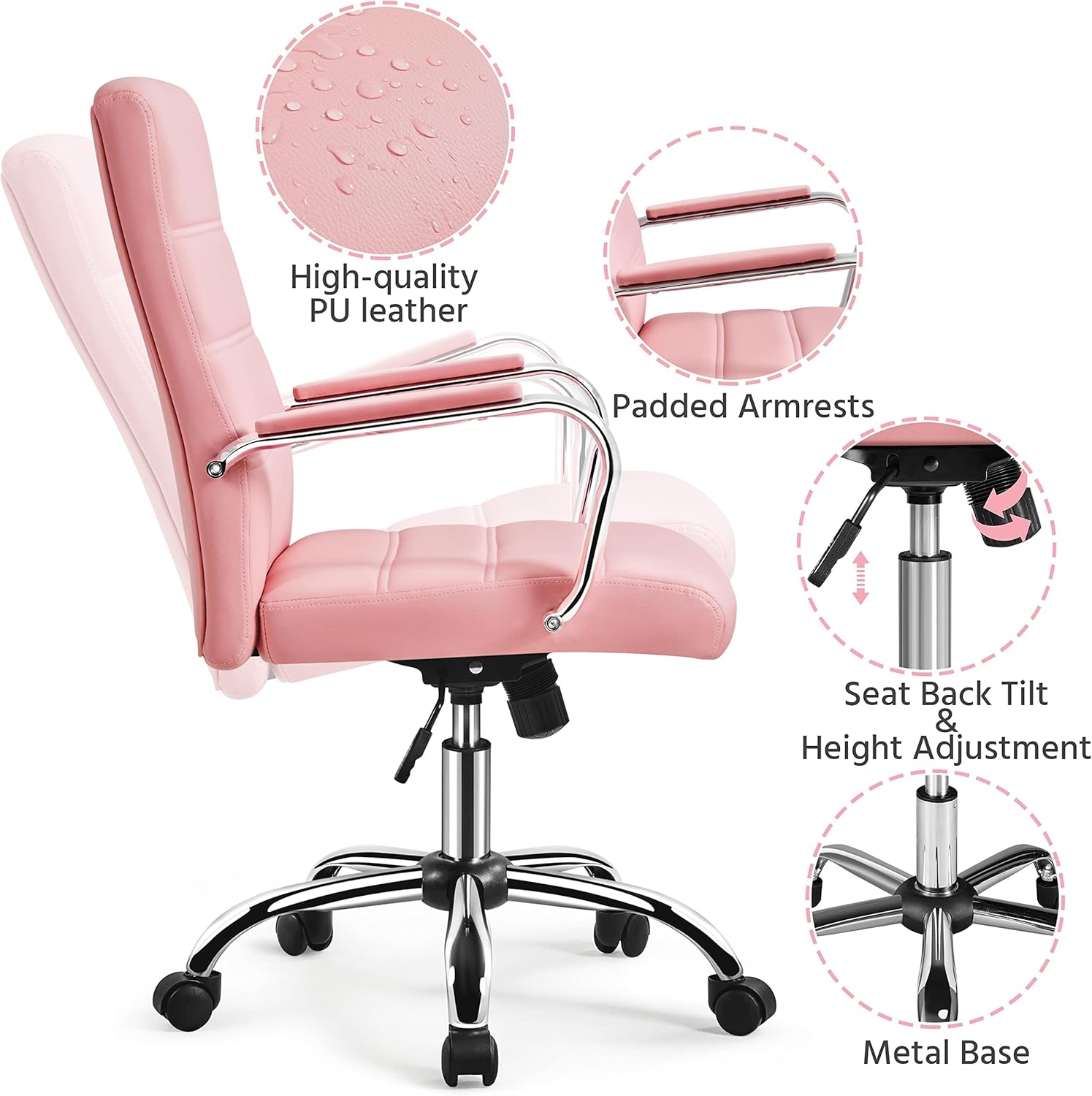 costoffs Mid Back Office Desk Chairs PU Leather Executive Task Chairs Height Adjustable Swivel Chair with Lumbar Support, Pink