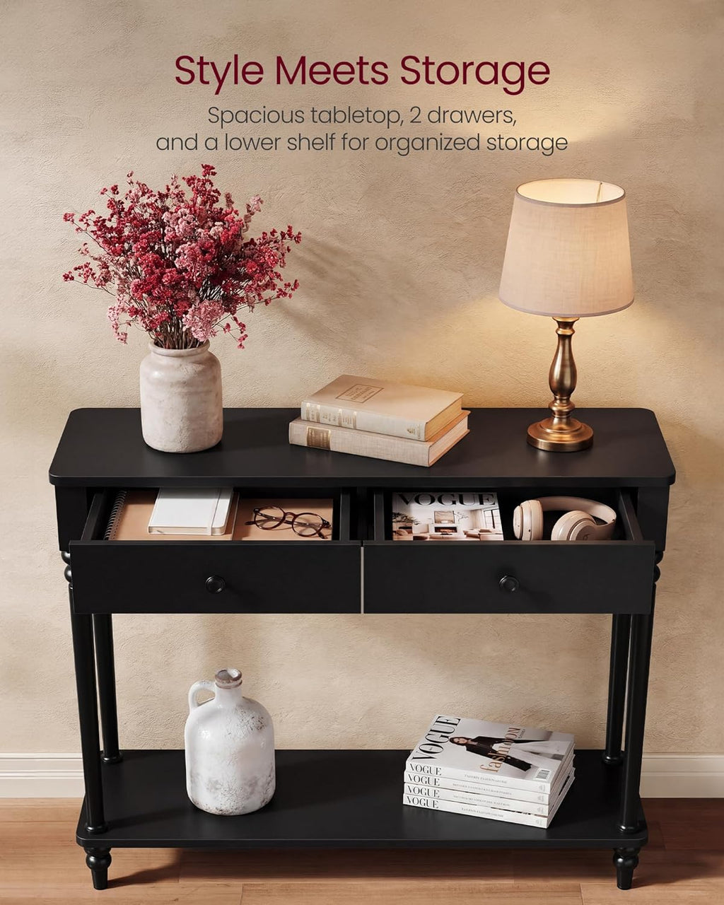 VASAGLE Mariel Collection - Console Table, Narrow Entryway Sofa Table with Drawers and Shelf, Solid Wood Legs, Mid-Century Modern, for Hallway Doorway Living Room, Ink Black ULNT139B101S