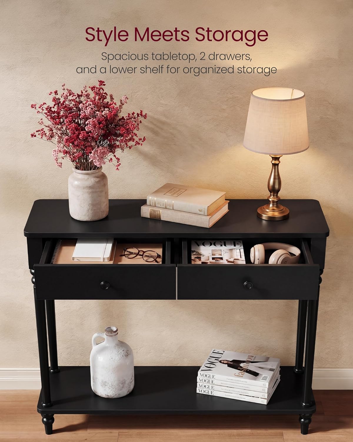 VASAGLE Mariel Collection - Console Table, Narrow Entryway Sofa Table with Drawers and Shelf, Solid Wood Legs, Mid-Century Modern, for Hallway Doorway Living Room, Ink Black ULNT139B101S