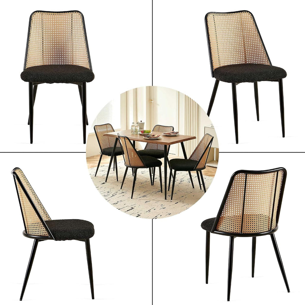 Homedot Modern Rattan Dining Chairs Black Set of 4, Upholstered Dining Room Chairs Boucle Woven Cane Kitchen Dining Accent Chairs for Reception Rooms, Restaurant