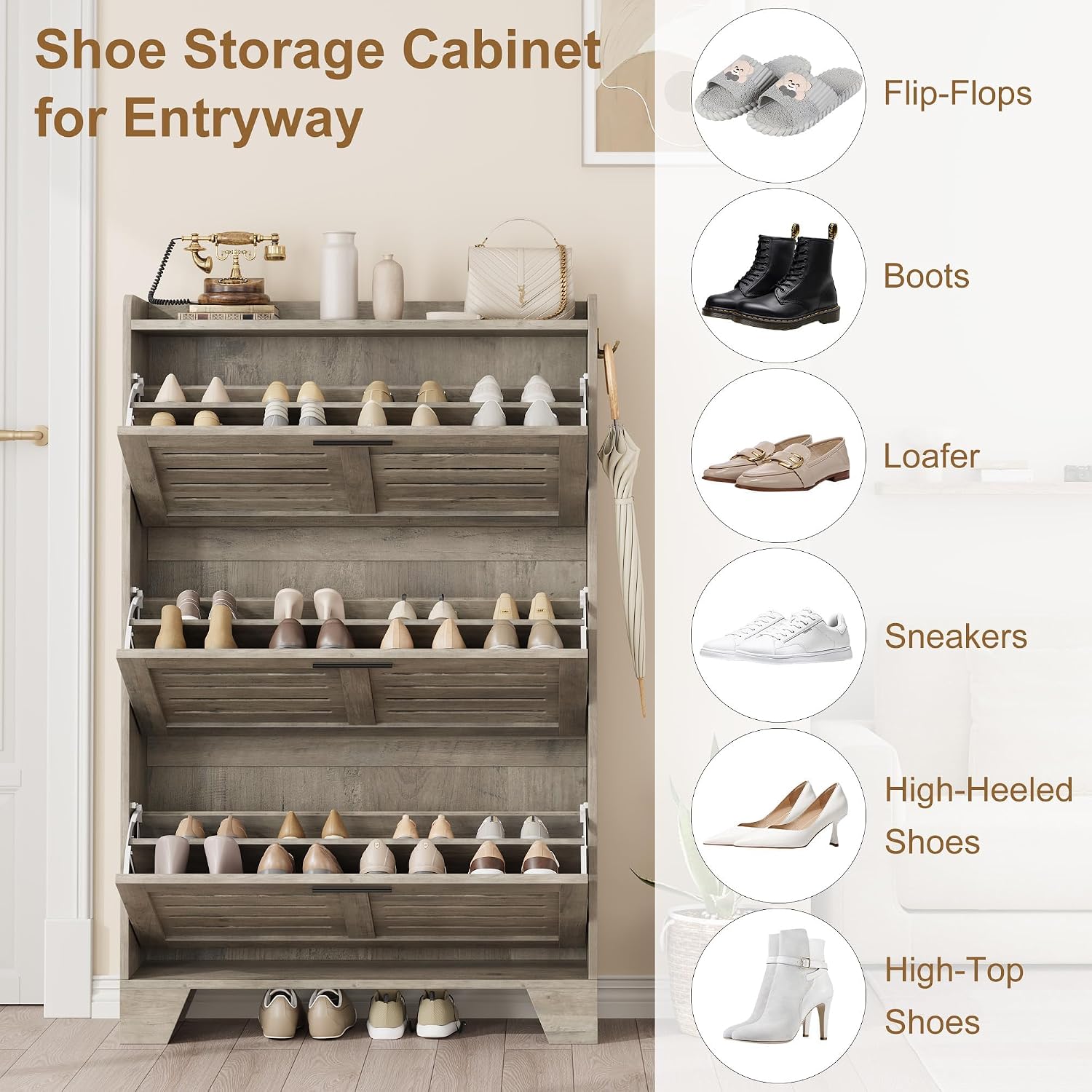 IDEALHOSUE Shoe Cabinet Storage for Entryway, Slim Shoe Storage Cabinet with 3 Flip Drawers, Freestanding Hidden Narrow Shoe Organizer Cabinet with Hooks for Entrance, Foyer, Hallway, Gray