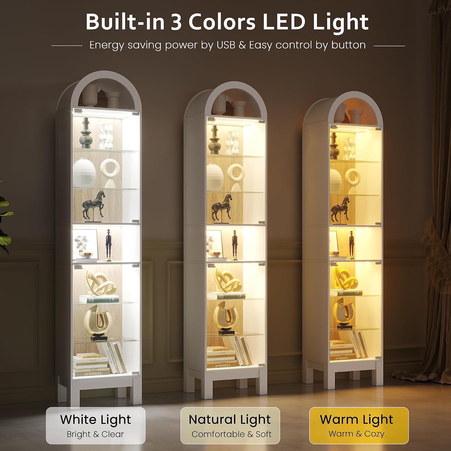 71" H Narrow Arched Display Cabinet with Glass Doors & 8-Tier Shelves, Slim Curio Cabinets with LED Lights for Collectibles/Perfume, Tall Storage Cabinets for Corner, Small Space (White)