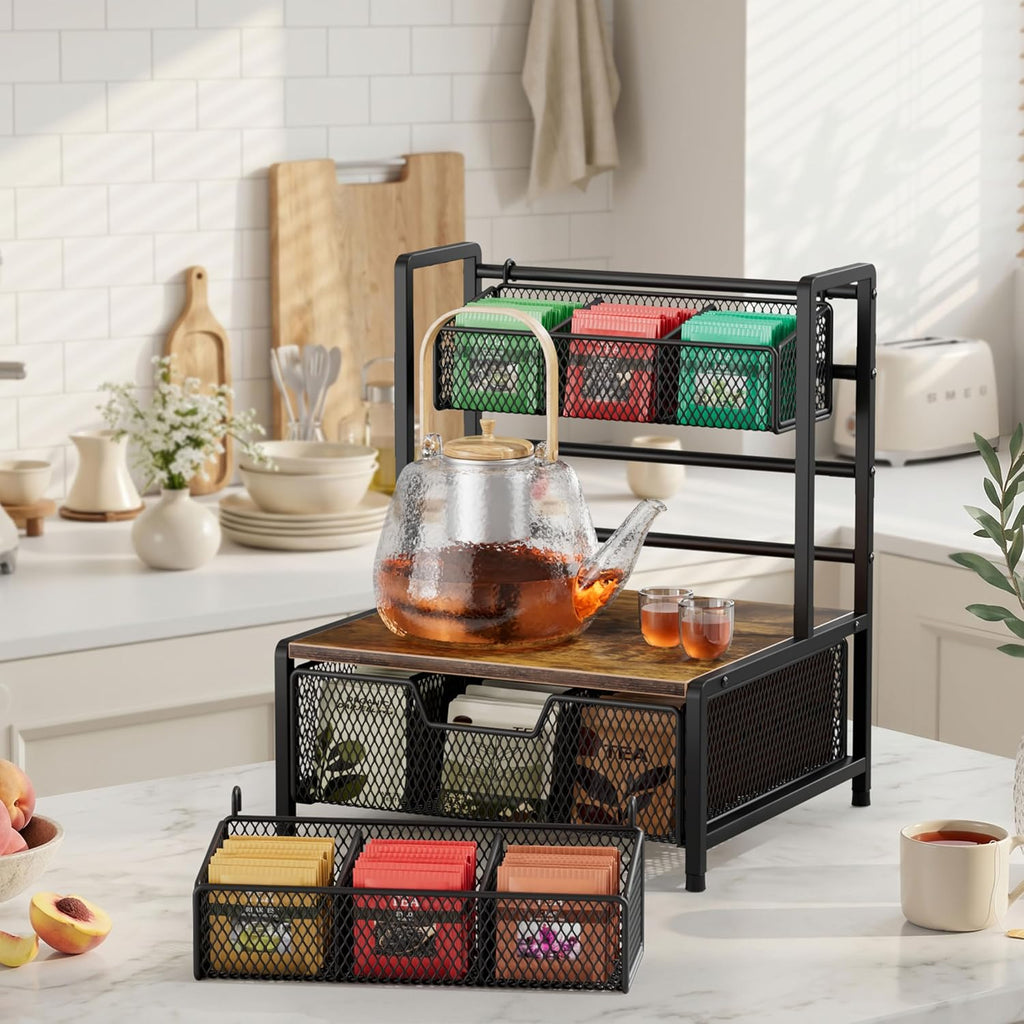 Tea Bag Organizer, 3 Tier Tea Bag Holder with Drawer, Tea Storage Chest for Countertop