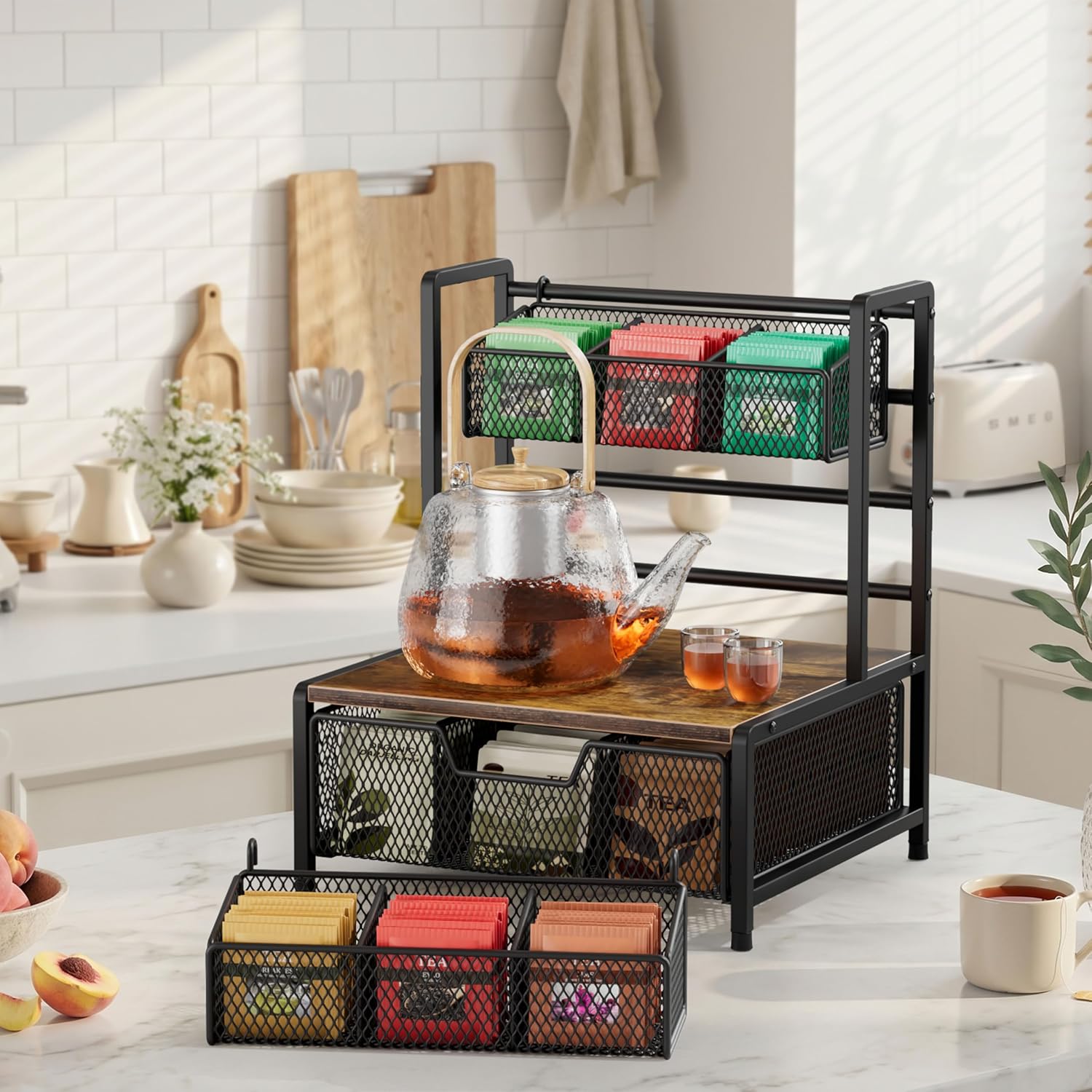 Tea Bag Organizer, 3 Tier Tea Bag Holder with Drawer, Tea Storage Chest for Countertop