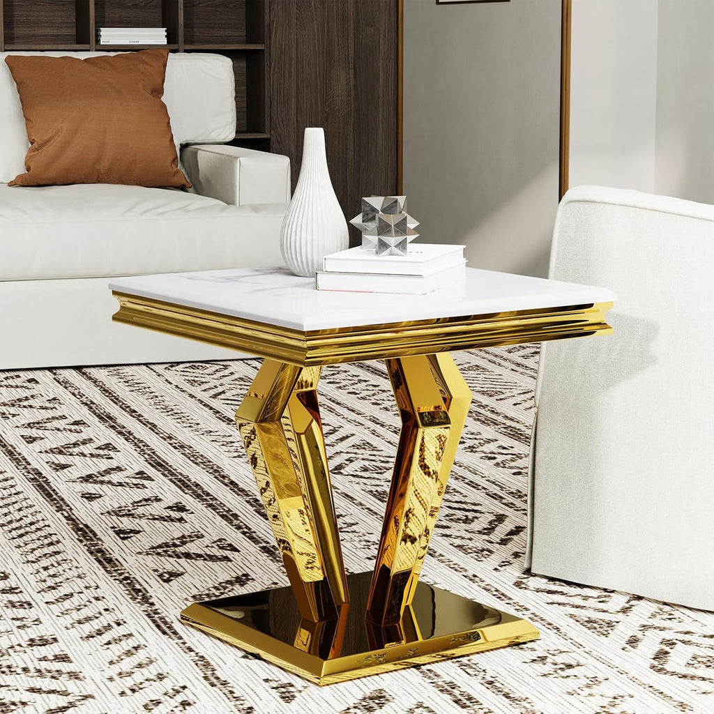 Asday White and Gold End Table for Living Room, Gold Modern End Table, 22 inch Luxury Square Side Table with Polished Geometric Base for Bedroom Home Office Balcony (1PCS)