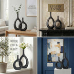 Black Ceramic Hollow Elliptical Vase Set of 2 - Boho Circle Vase with Hole, for Modern Black Table Decor, Living Room Decor Shelf mid Century Modern Home Entrance Decorative vase