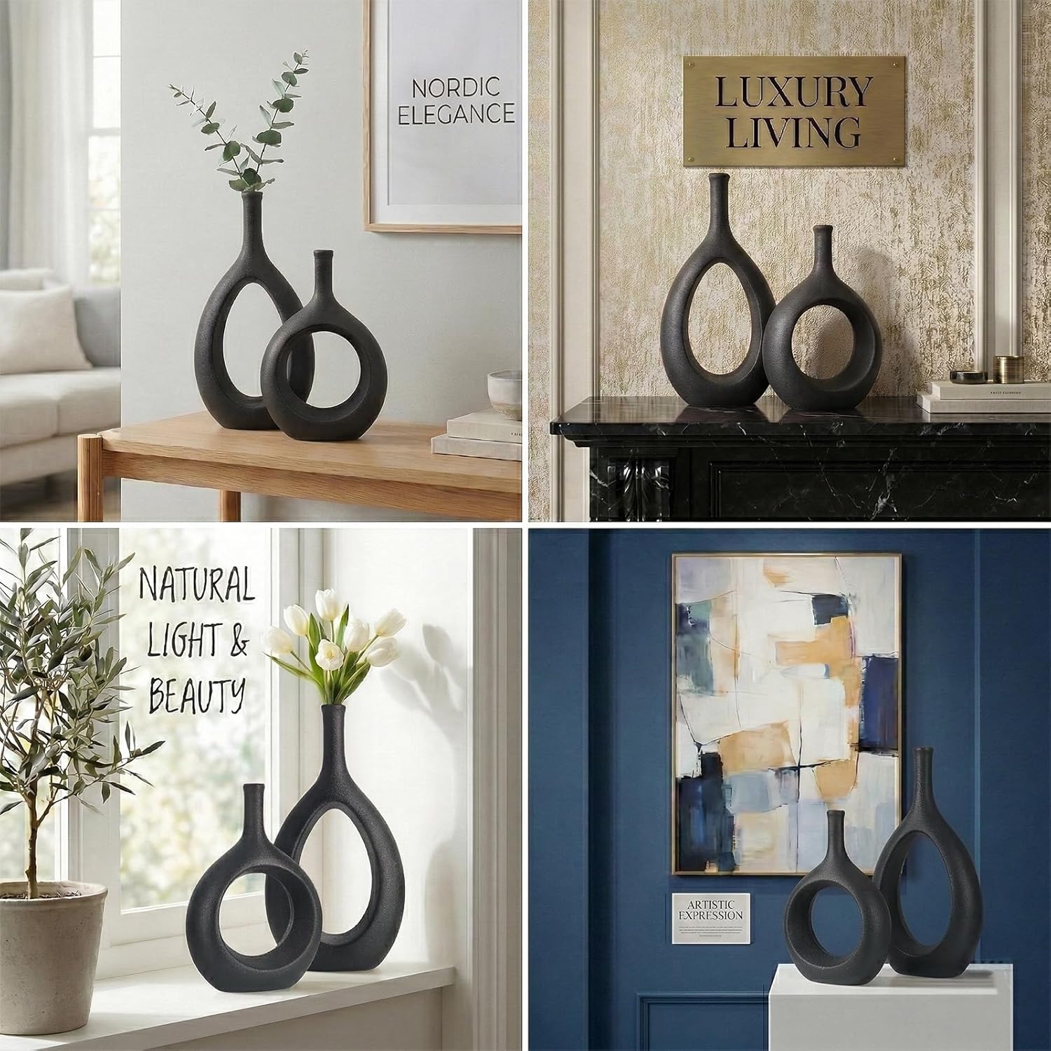 Black Ceramic Hollow Elliptical Vase Set of 2 - Boho Circle Vase with Hole, for Modern Black Table Decor, Living Room Decor Shelf mid Century Modern Home Entrance Decorative vase