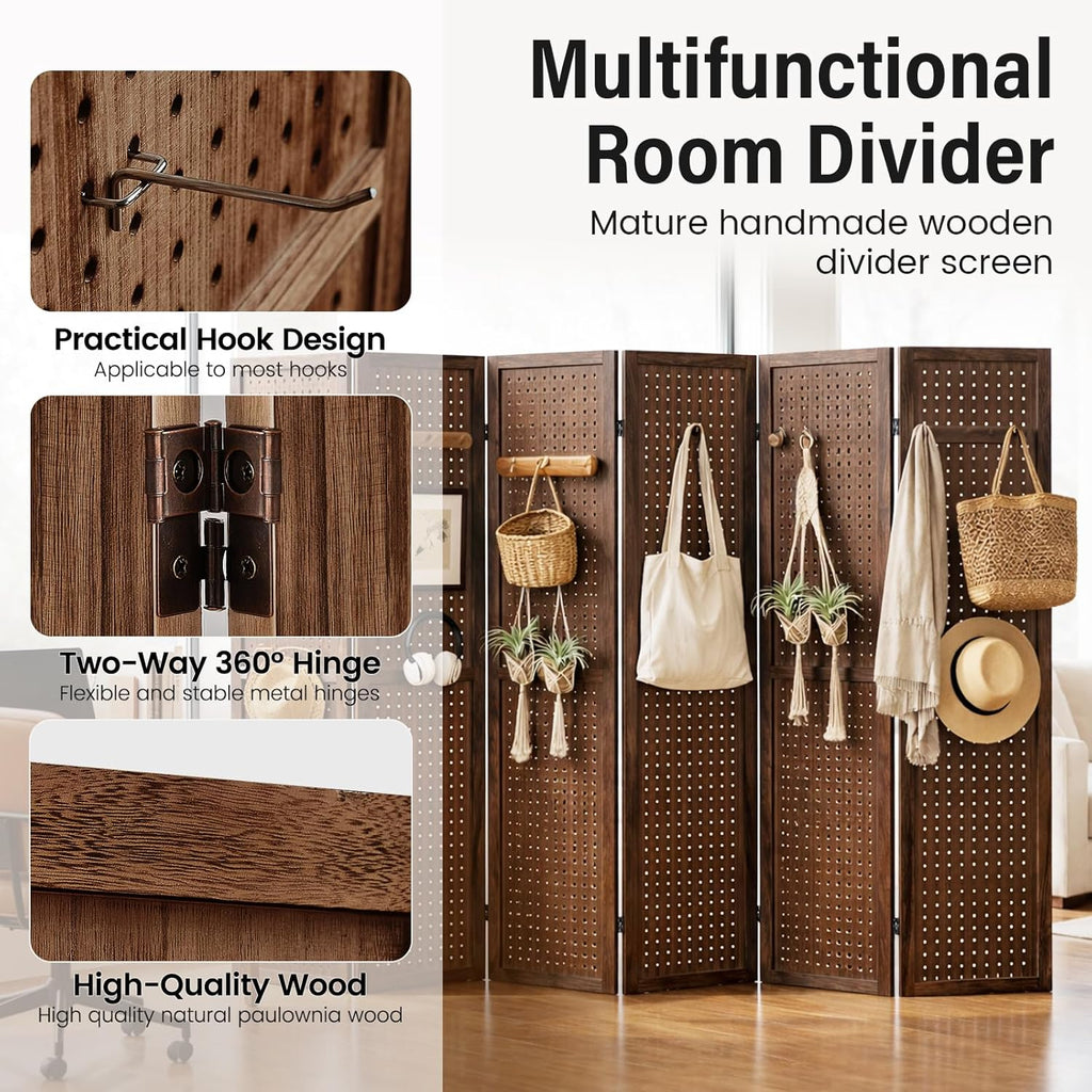 6 Panel Pegboard Room Divider, 5.6 Ft Folding Privacy Screen, Freestanding Wooden Display Board Organizer for Craft Show, Jewelry Display, Bedroom, Office, Brown