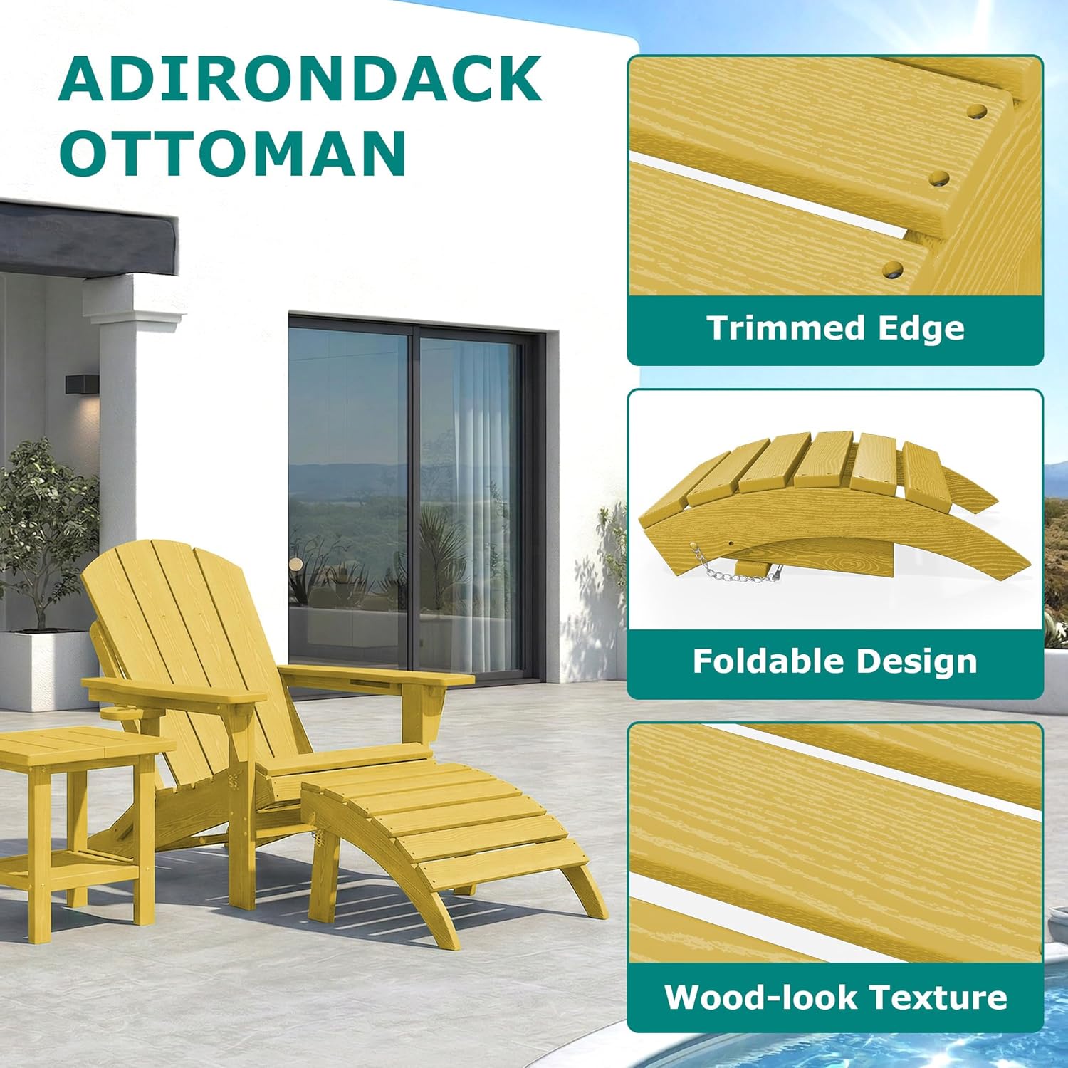 PLUUV Folding Adirondack Ottoman Footrest, All-Weather HDPE Outdoor Footstool for Adirondack Chair, Foldable Ottoman for Patio Backyard Pool Deck, Yellow
