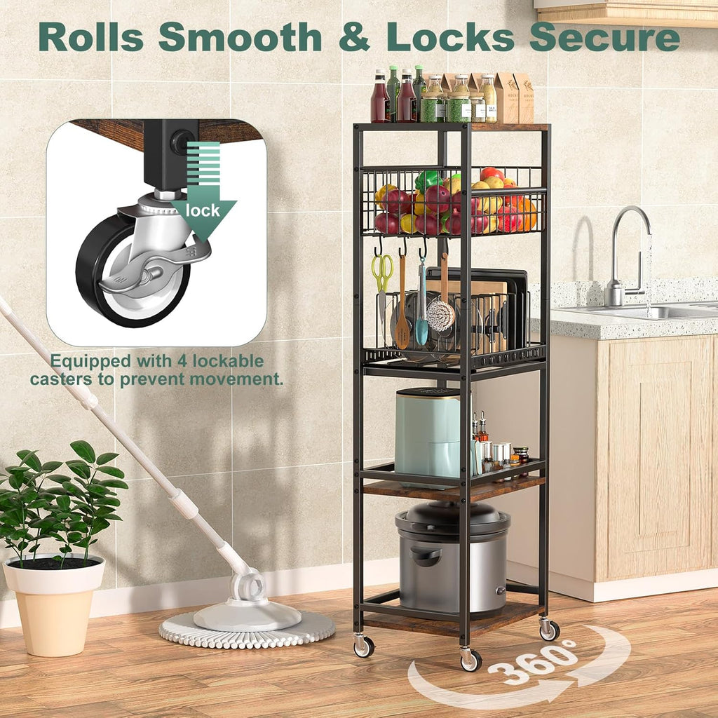 Housolution 5 Tier Kitchen Rolling Cart, Storage Cart with Metal Fruit Vegetable Basket and Pull-Out Pot Lid Cutting Board Organizer, Storage Rack with Wooden Top for Kitchen, Pantry, Bathroom, Brown