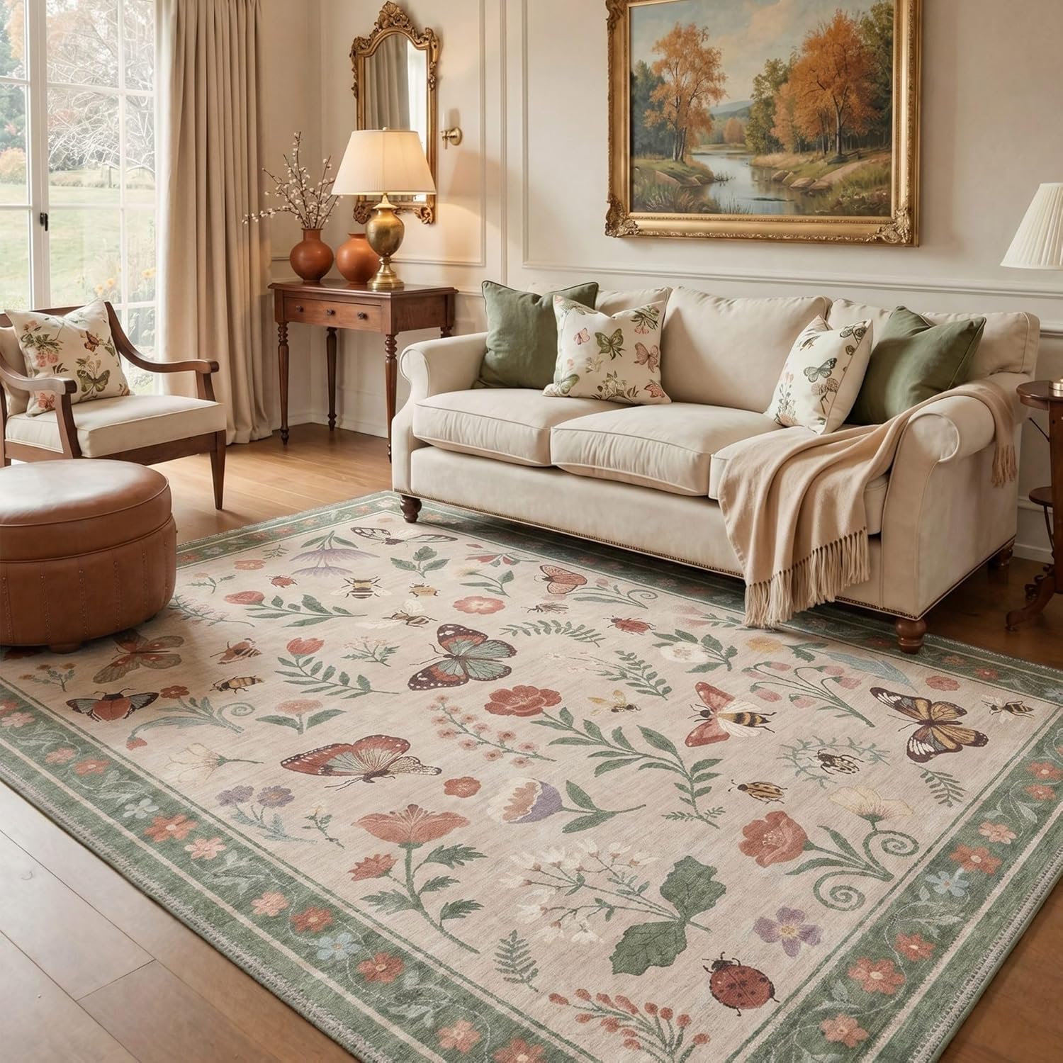 GENIMO 2x5 Runner Rug Non Slip Machine Washable Low Pile for Hallway Kitchen Laundry Room Bedroom Bathroom, Butterfly Garden Print Pattern Light Weight, Dusty Sage