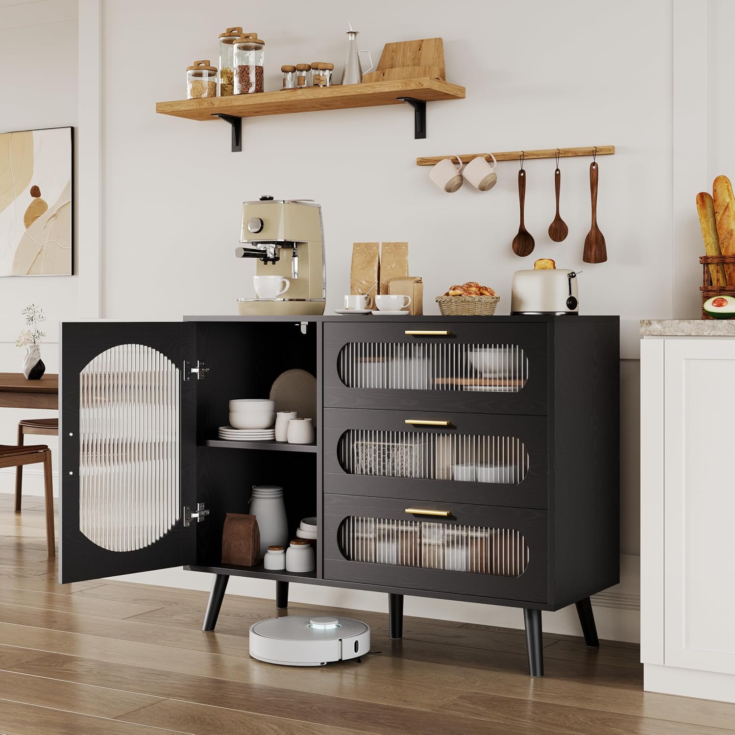 GarveeHome 39.4'' Modern Buffet Cabinet with Storage, Black Sideboard with Fluted Glass Door, 3 Drawers and Adjustable Shelf, Console Table for Kitchen, Dining Room, Living Room