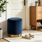 LSSBOUGHT Round Velvet Ottoman, 16" H Footrest Stool with Gold Metal Base, Modern Upholstered Vanity Stool for Living Room, Bedroom, Entryway (Blue, Set of 1)