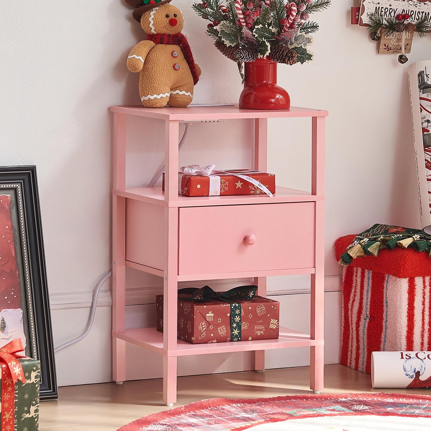 Lerliuo Nightstand with Charging Station and USB Ports, 3-Tier Storage Pink End Table with Drawer Shelf, Night Stand for Small Spaces, Wood Bedside Table for Living Room, Bedroom - ‌Light Pink