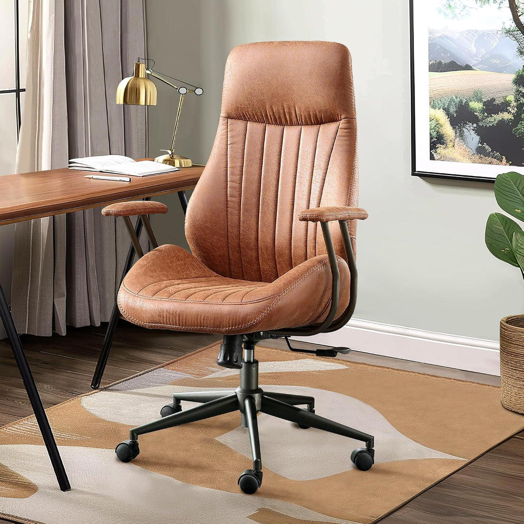 Mid Century Modren Office Chair,High Back Ergonomic Executive Chair with Lumbar Support, Computer Desk Swivel Task Chair with Wheels, Faux Lether Suede Fabric Home Chair (High Back, Brown)