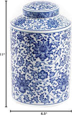 Blue and White Ginger Jar, Ceramic Chinoiserie Decorative Jars for Home, Office, Flower Vase Pocelain, Glossy Vase for Table, Living Room, Bookshelf, Mantle Fireplace, Centerpieces 11"