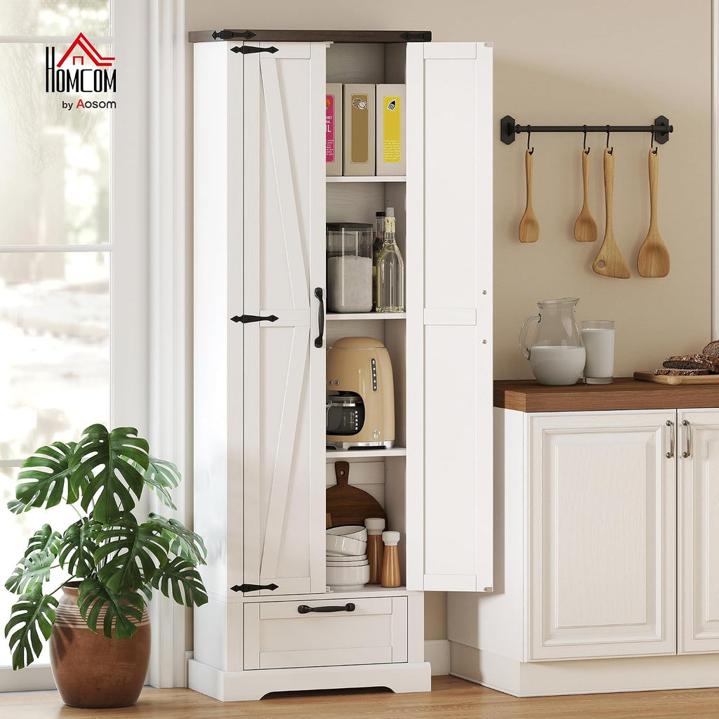 HOMCOM 71" Tall Kitchen Pantry, Farmhouse Storage Cabinet with Barn Doors, Drawer and Adjustable Shelves, Freestanding Food Pantry Cabinet for Kitchen, Dining Room, White