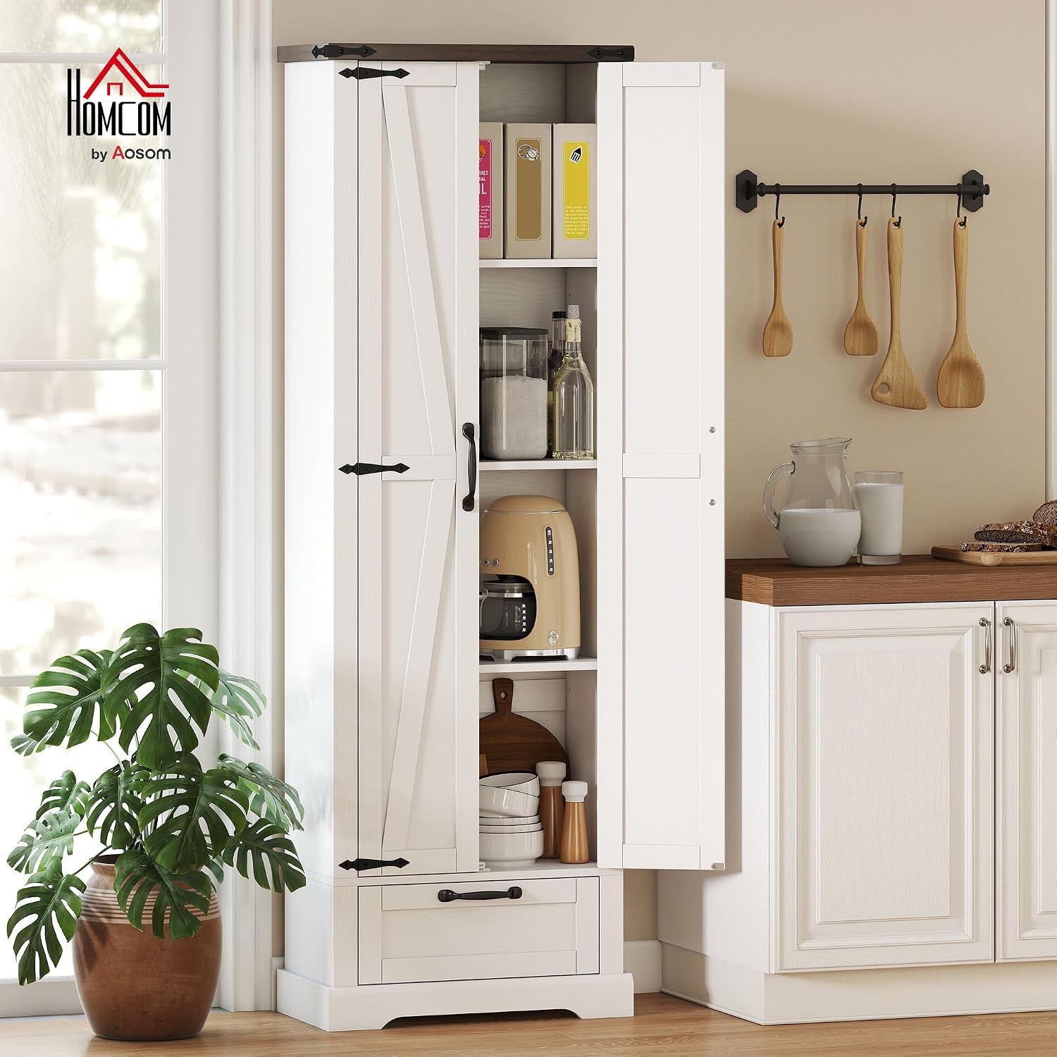 HOMCOM 71" Tall Kitchen Pantry, Farmhouse Storage Cabinet with Barn Doors, Drawer and Adjustable Shelves, Freestanding Food Pantry Cabinet for Kitchen, Dining Room, White