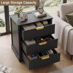 Fluted Nightstand Set of 2, 3 Drawers Modern | Metal Handles, Large Bedside Table, Bedroom, Charging Stations With USB-C Port, Black
