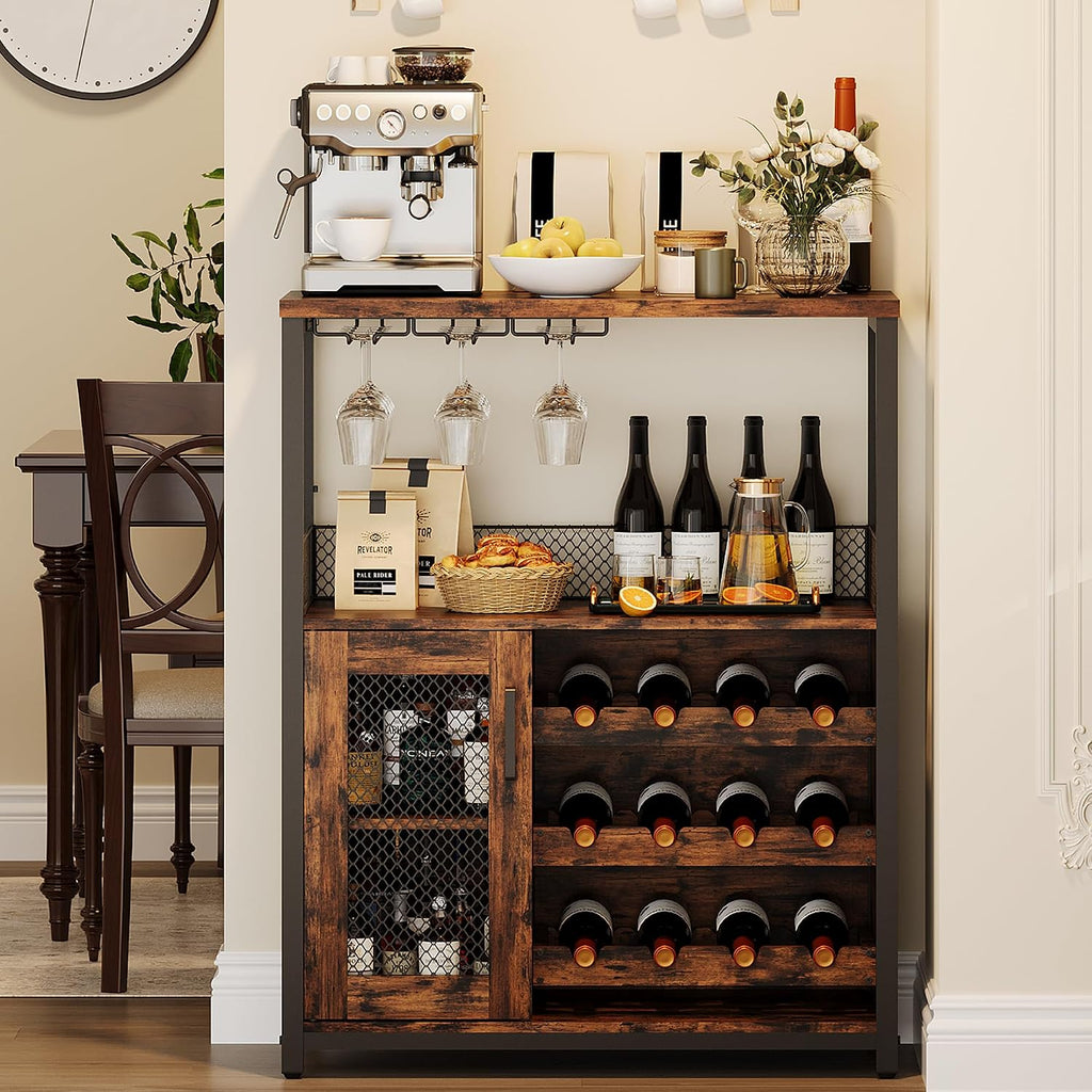 IDEALHOUSE Wine Bar Rack Cabinet with LED Light, Adjustable Shelves Coffee Bar Cabinet with Mesh Door and Baffle Design, 36″ Tall Small Liquor Bar Cabinet for Home, Kitchen, Dinning Room, Rustic Brown